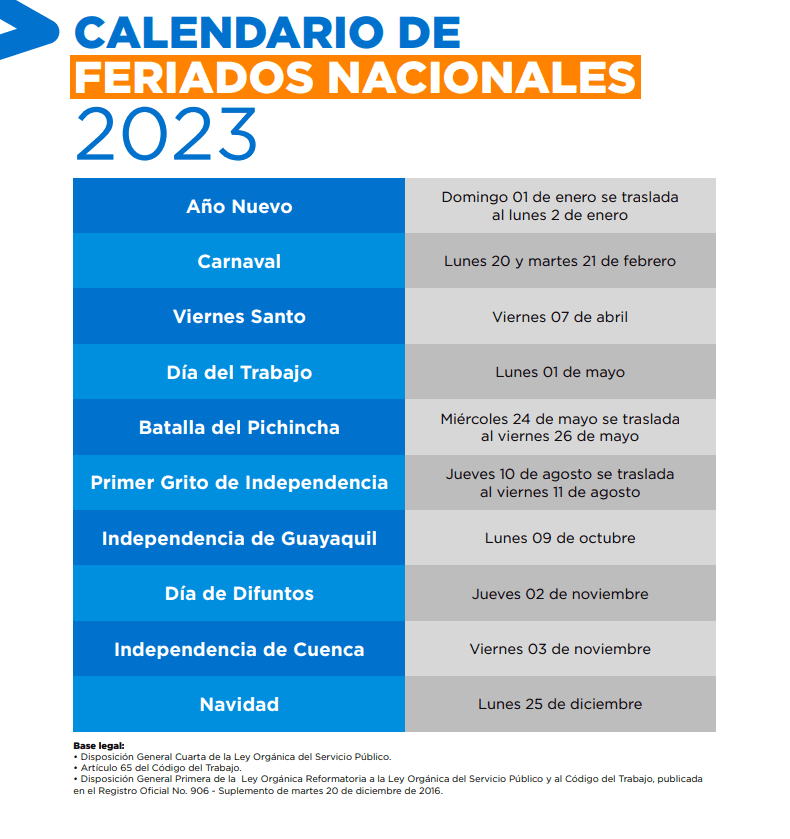 Calendario de feriados nacionales 2023